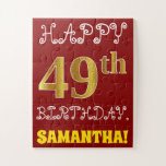 [ Thumbnail: Red, Faux Gold 49th Birthday + Custom Name Puzzle ]