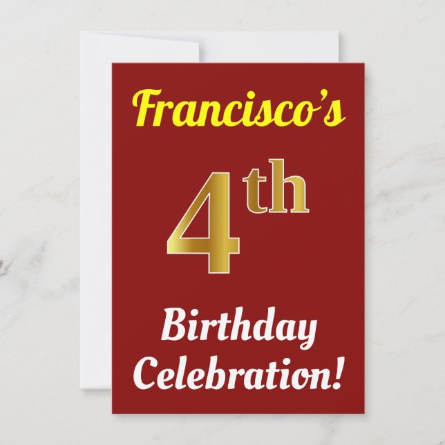 Red, Faux Gold 4th Birthday Celebration + Name Invitation (Front)