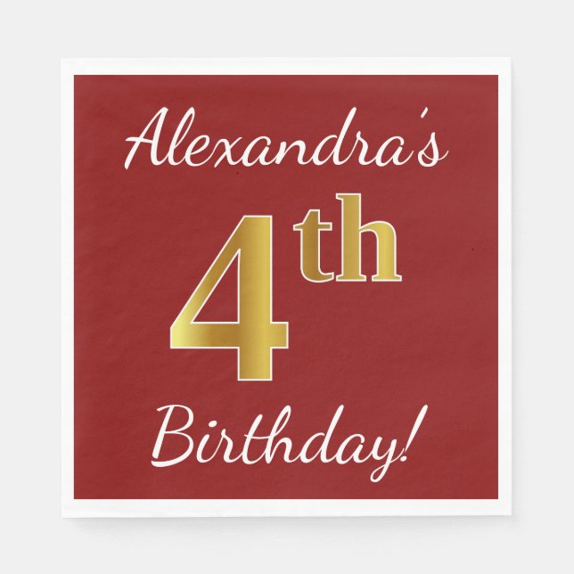 Red, Faux Gold 4th Birthday + Custom Name Napkins (Front)