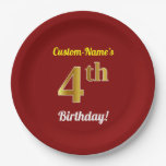 [ Thumbnail: Red, Faux Gold 4th Birthday + Custom Name Paper Plates ]