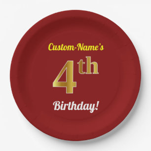 Red, Faux Gold 4th Birthday + Custom Name Paper Plates