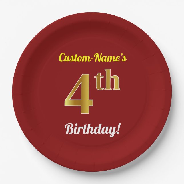 Red, Faux Gold 4th Birthday + Custom Name Paper Plates (Front)