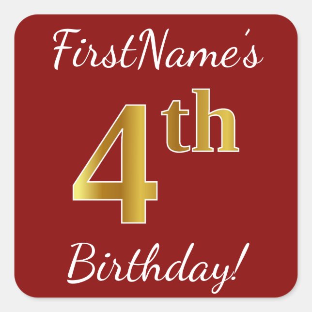 Red, Faux Gold 4th Birthday + Custom Name Sticker (Front)