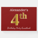 [ Thumbnail: Red, Faux Gold 4th Birthday Party + Custom Name Guest Book ]