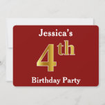 [ Thumbnail: Red, Faux Gold 4th Birthday Party + Custom Name Invitation ]