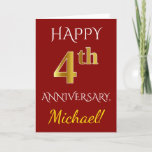 [ Thumbnail: Red, Faux Gold 4th Wedding Anniversary + Name Card ]
