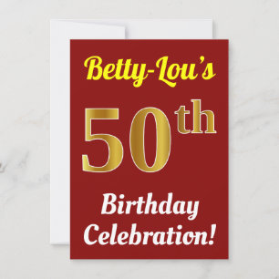 Red, Faux Gold 50th Birthday Celebration + Name Invitation