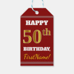 [ Thumbnail: Red, Faux Gold 50th Birthday + Custom Name Gift Tags ]