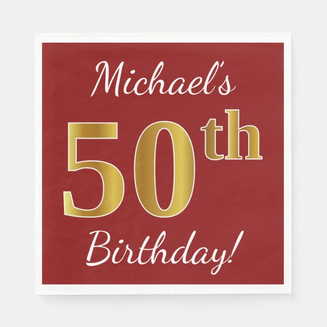 Red, Faux Gold 50th Birthday + Custom Name Napkins (Front)