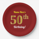 [ Thumbnail: Red, Faux Gold 50th Birthday + Custom Name Paper Plates ]