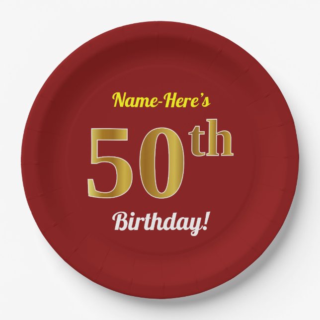 Red, Faux Gold 50th Birthday + Custom Name Paper Plates (Front)