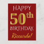 [ Thumbnail: Red, Faux Gold 50th Birthday + Custom Name Postcard ]
