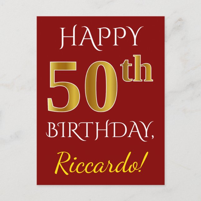 Red, Faux Gold 50th Birthday + Custom Name Postcard (Front)