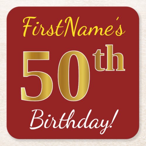 Red Faux Gold 50th Birthday  Custom Name Square Paper Coaster