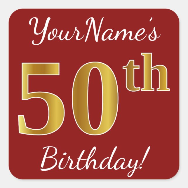 Red, Faux Gold 50th Birthday + Custom Name Sticker (Front)