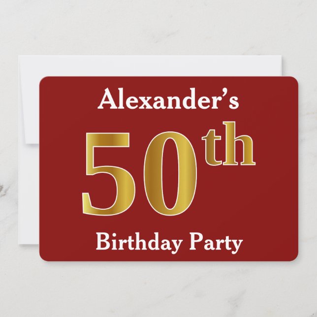 Red, Faux Gold 50th Birthday Party + Custom Name Invitation (Front)