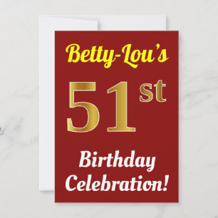 Red, Faux Gold 51st Birthday Celebration + Name Invitation