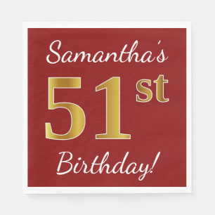 Red, Faux Gold 51st Birthday + Custom Name Napkins