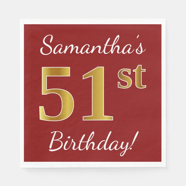 Red, Faux Gold 51st Birthday + Custom Name Napkins (Front)