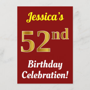 Red, Faux Gold 52nd Birthday Celebration + Name Invitation