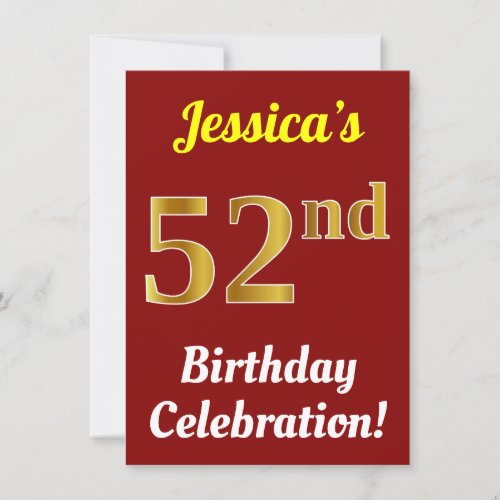 Red Faux Gold 52nd Birthday Celebration  Name Invitation