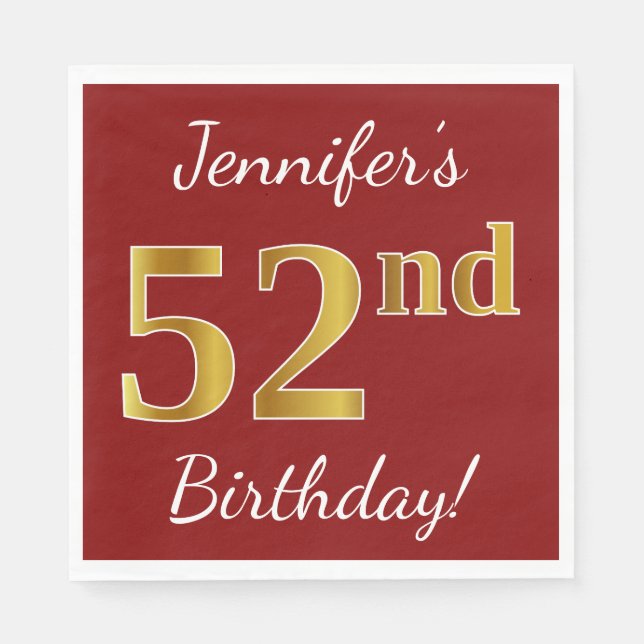 Red, Faux Gold 52nd Birthday + Custom Name Napkins (Front)