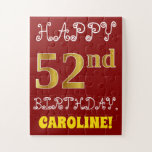 [ Thumbnail: Red, Faux Gold 52nd Birthday + Custom Name Puzzle ]