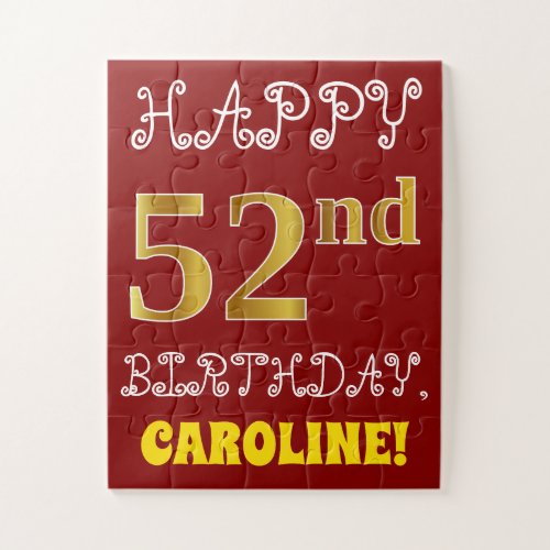 Red Faux Gold 52nd Birthday  Custom Name Puzzle