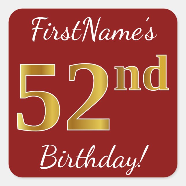 Red, Faux Gold 52nd Birthday + Custom Name Sticker (Front)