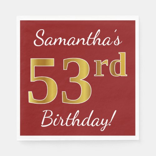 Red Faux Gold 53rd Birthday  Custom Name Napkins