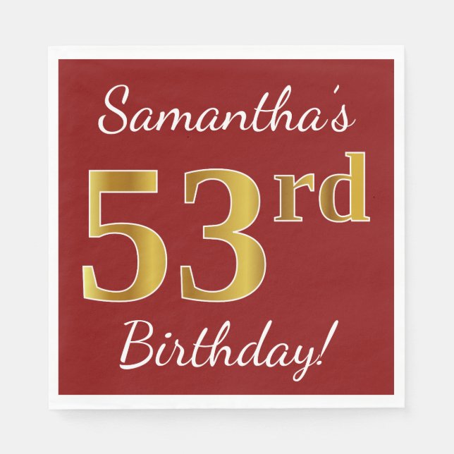 Red, Faux Gold 53rd Birthday + Custom Name Napkins (Front)