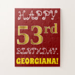 [ Thumbnail: Red, Faux Gold 53rd Birthday + Custom Name Puzzle ]