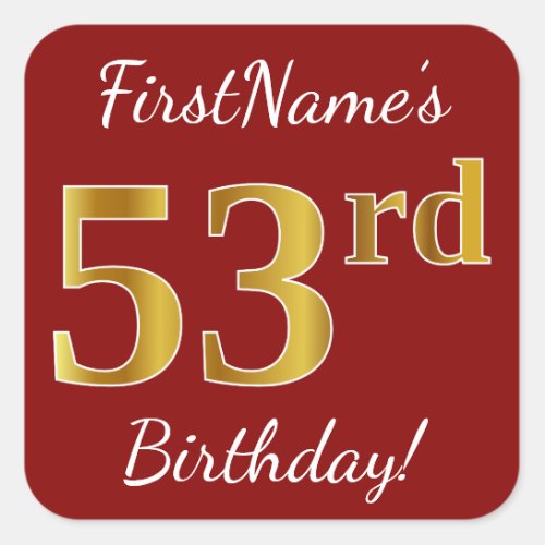 Red Faux Gold 53rd Birthday  Custom Name Sticker