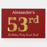 [ Thumbnail: Red, Faux Gold 53rd Birthday Party + Custom Name Guest Book ]