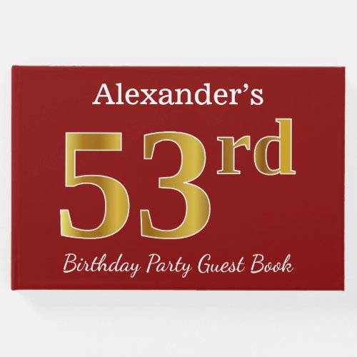 Red Faux Gold 53rd Birthday Party  Custom Name Guest Book