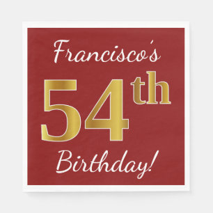 Red, Faux Gold 54th Birthday + Custom Name Napkins