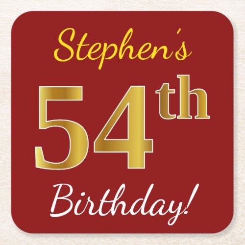 Red Faux Gold 54th Birthday  Custom Name Square Paper Coaster