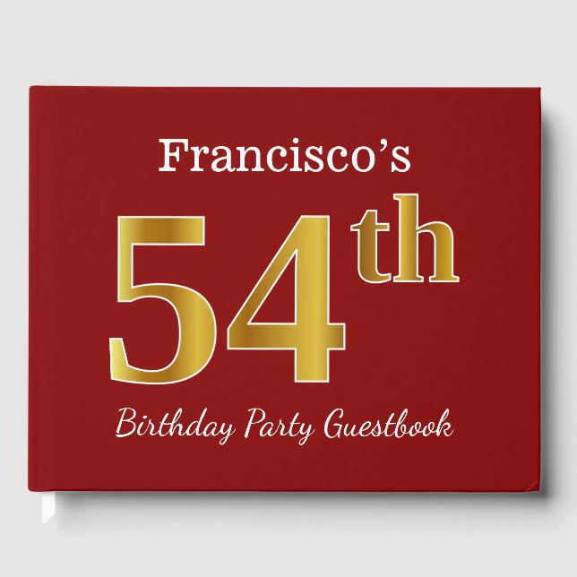 Red, Faux Gold 54th Birthday Party + Custom Name Guest Book (Front)