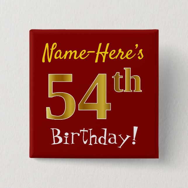 Red, Faux Gold 54th Birthday, With Custom Name Button (Front)