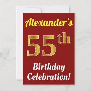 Red, Faux Gold 55th Birthday Celebration + Name Invitation