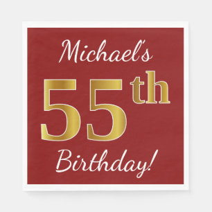 Red, Faux Gold 55th Birthday + Custom Name Paper Napkins