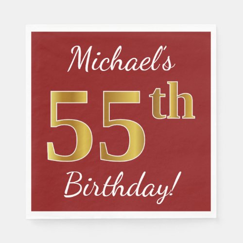 Red Faux Gold 55th Birthday  Custom Name Paper Napkins