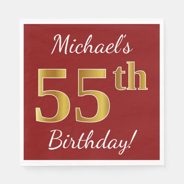 Red, Faux Gold 55th Birthday + Custom Name Paper Napkins (Front)