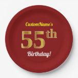 [ Thumbnail: Red, Faux Gold 55th Birthday + Custom Name Paper Plates ]