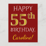 [ Thumbnail: Red, Faux Gold 55th Birthday + Custom Name Postcard ]