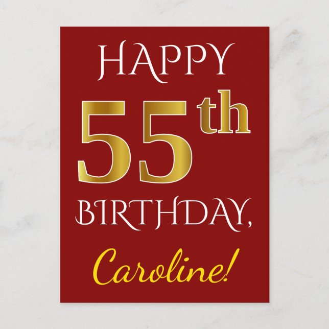 Red, Faux Gold 55th Birthday + Custom Name Postcard (Front)