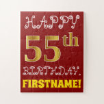 [ Thumbnail: Red, Faux Gold 55th Birthday + Custom Name Puzzle ]