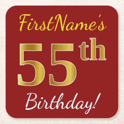 Red Faux Gold 55th Birthday  Custom Name Square Paper Coaster