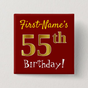 Red, Faux Gold 55th Birthday, With Custom Name Button
