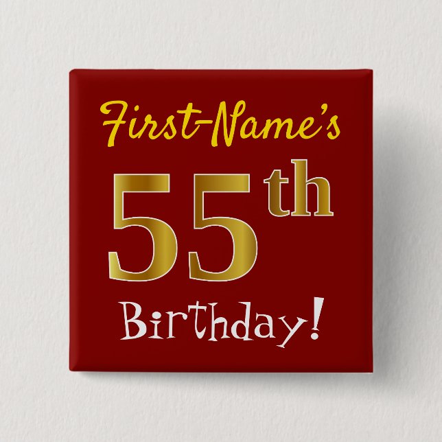 Red, Faux Gold 55th Birthday, With Custom Name Button (Front)